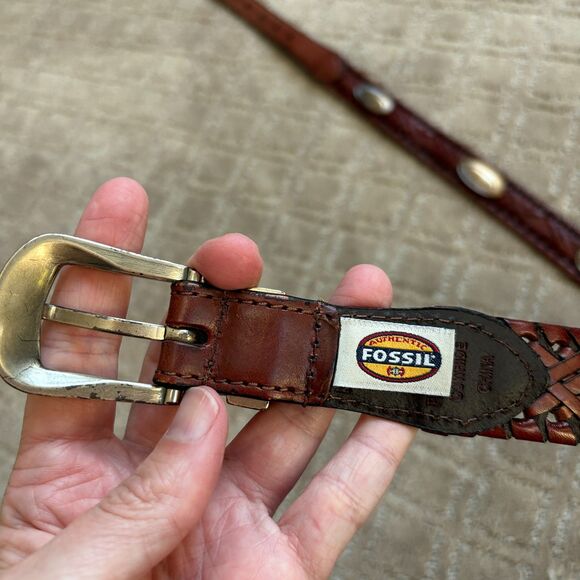 Fossil Leather Concho Belt Men 34 Brown Silver Full Grain Cowhide South Western - Picture 6 of 9